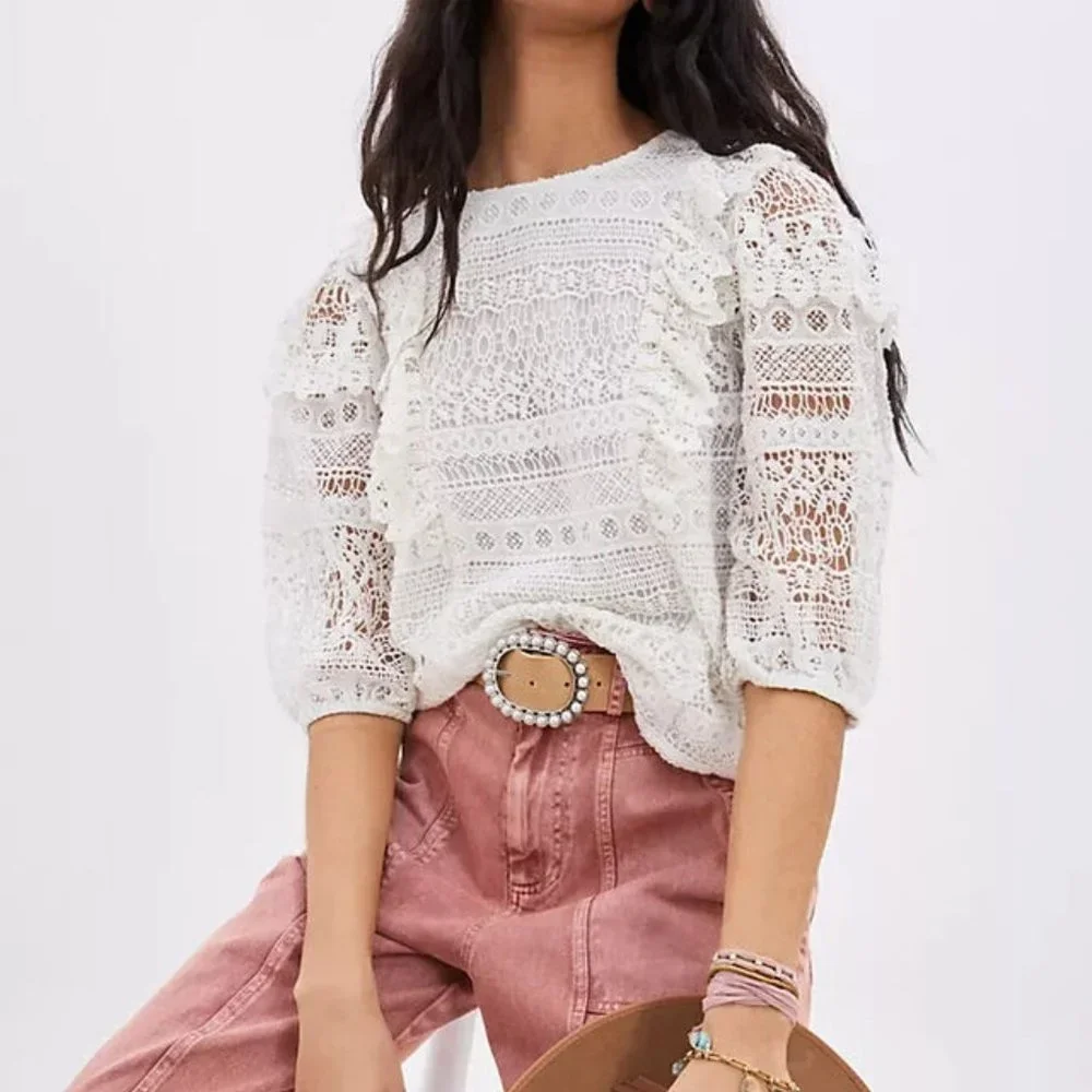 Anthropologie Seen Serena Lace Ruffle Blouse Top Women S 3/4 Sleeve Lined Cotton